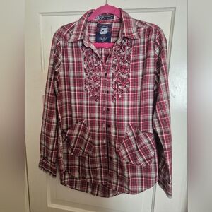 Uniqie Red Plaid Button-Up Shirt with Emblishments 19ptp